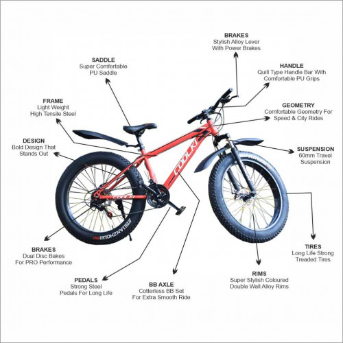 COOLKI SS026 Fat Tyre Cycle For Kids and Adults 26T Shimano Multi Speed Gears In Steel Body Red